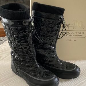 Coach Priscilla Black Patent Quilted Calf High Rain Boots with Knit Cuff